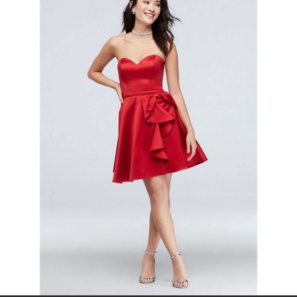 NWOT Blondie Nites Red A-line Strapless Mini Ruffle Detail Formal/Prom Dress sz3